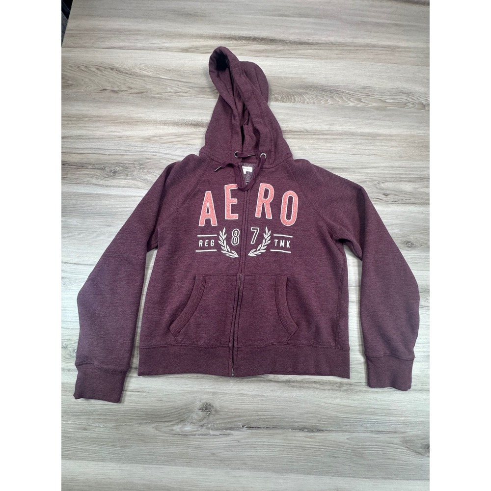 Retro Aeropostale Maroon Hoodie Full Zip Aero 87 Laurel Graphic Women's‎ Large
